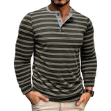 Riolio  New Men's Henley Collar Long Sleeve T-Shirts Striped Casual Button T Shirt for Men Spring Autumn Male Fashion Cotton Tees Tops