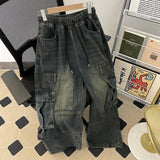Riolio  New American Jeans Men and Women Trendy Retro Washed Multi Pocket workwear Loose High Street Straight Leg Casual Pants y2k