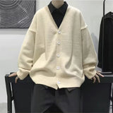 Riolio Youthful and Trendy Men Spring and Autumn New Spliced V-neck Button Fashion Solid Color Loose Casual Long-sleeved Knitted Top