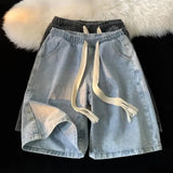 Riolio Men Wide-leg Denim Shorts Men's Quick-drying Denim Beach Shorts With Elastic Drawstring Waistband Pockets Summer Wide Leg Shorts