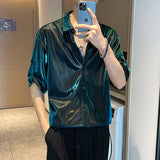 Riolio Men Shiny Design Casual Shirt Trendy Handsome Shirts Fashion Loose Half Sleeve Tops Korean Style Personality Clothing