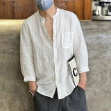 Riolio  Spring Summer New Solid Color Fashion Round Neck Shirt Man High Street Three Quarter Button Cardigan Fiberflax Breathable Tops