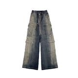 Riolio  Y2k hip-hop loose straight leg wide leg men and women summer high-end retro washed gray blue denim workwear casual pants