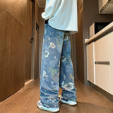 Riolio Autumn Floral Printed Jeans For Men New Y2K Vintage Denim Pants Hip Hop Fashion Wide-leg Baggy Jean Streetwear Trousers
