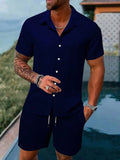 Riolio Spring And Summer New Sports Men's Polo Casual Solid Color Loose Short-sleeved Drawstring Shorts Cardigan Striped Sports Suit
