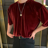 Riolio  Mens T-Shirt Gold Velvet Casual T-Shirt Spring Autumn Fashion Personality Streetwear All-Match Solid Color Tops Men'S Clothing