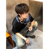 Riolio American summer high street men and women trendy denim patchwork round neck short sleeved couple hip-hop loose casual T-shirt