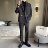 Riolio  Thickened Woolen Men's Casual Suit Two-Piece Set Loose Fit Double Breasted Autumn Winter Fashion City Style Side Slit Opening