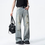 Riolio Men Straight Leg Vintage Blue Washed Denim Jeans Casual Ripped Distressed Trousers Classic Retro Style Comfortable Streetwear