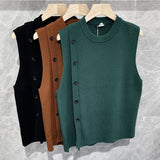 Riolio Men's Luxury Knitted Pullover Sweater Vest Casual Streetwear Button Solid Color O Neck Sleeveless Loose Stylish Vintage Knitwear