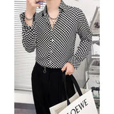Riolio  Checkerboard Shirt Men's Black and White Plaid Long-sleeved Versatile Top