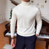 Riolio New Korean Fashion Men Sweater Light Luxury Trendy Turtleneck Knit Solid Color Pullover Leisure Retro Long Sleeve Basic Knitwear