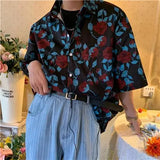 Riolio  Mid-length Large Size Loose Couple Retro Rose Full-print Floral Shirt Short Sleeve Style