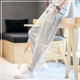 Riolio  New Summer Korean Edition Handsome and Fashionable High Waist Pocket Striped Print Loose Oversized Strap Casual Pants