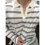 Riolio  New Japanese Striped Male Polo Shirt Trendy Loose V Neck Knitted Long Sleeve T-shirt Casual Lazy Sports Fitness Basic Tops M-3XL