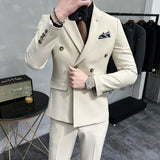 Riolio  ( Jacket + Pants ) Brand Solid Color Formal Casual Business Office Double Buttons Suit Two-pcs Set Groom Wedding Dress Party