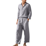 Riolio  American Four Seasons Linen Men's Casual Loose Beach Sunscreen Long Sleeve Shirt Pants Set