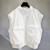 Riolio  Summer Men's Hooded Sleeveless Vest Korean Style Waistcoat Oversized Workwear Trendy Solid Loose Tank Top for Unisex Cargo Vests