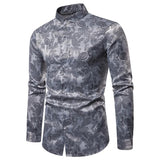 Riolio Dark Blue Silk Mens Shirts Long Sleeve Jacquard Shirt For Men Stand Collar Casual Stylish Wedding Party Office Slim Fit Tops