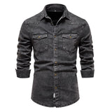 Riolio  Cotton Men Denim Shirts Double Pocket Solid Color Casual Male Cowboy Shirts New Autumn Slim Quality Shirts for Men