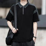 Riolio  Men Gray Black Contrast Half Zip Polo Shirt Loose Casual Cotton Short Sleeve Summer Top