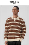 Riolio New American Trendy Men Polo Neck Sweater Light Luxury Striped Knit Long Sleeve Pullover Tops High Quality Loose Knitwear M-3XL