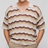Riolio  Fashionable Hollow Out Knitting Mens Polo Shirt Summer Casual Turn-down Collar Short Sleeve Tops Men Stylish Striped Polo Shirts