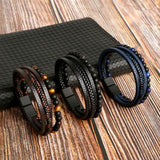 Riolio Hot Fashion Beads Leather Bracelet Men Classic Tiger Eye Beaded Multi Layer Leather Bracelet For Men Jewelry Gift
