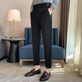 Riolio British Style Men High Waist Casual Dress Pant Men Belt Design Slim Trousers Formal Office Social Wedding Party Dress Suit Pants