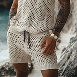 Riolio 2024 Men's Summer Casual Knit Two-piece Sets Fashion Solid Loose Tank Tops and Shorts Beach Sport Suit Men Hollow Out Streetwear