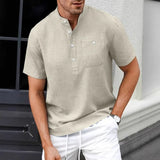 Riolio  Men's Linen-Like Short Sleeve Henley Shirt Casual Button Down Pocket Shirt Summer Beach Wear Multiple Sizes Colors