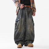 Riolio  Retro Multi Pocket Curved Knife Jeans Autumn And Winter Vintage Wide Leg Workwear Pants Korean Version High Street Men'S Jeans