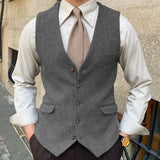 Riolio  Men Vest Blue Herringbone Solid Color Single Button Waistcoat For Wedding Business Banquet Work Formal Men Suit Vest