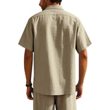 Riolio Summer New Solid Color Linen Men's Shirt Turn-down Collar Short Sleeve Men's Loose Casual Pocket Outdoor Vacation Shirt