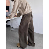 Riolio  American Washed Brown Jeans Men's Casual High Waist Straight Leg Pants Multi Pocket Classic Style Street Fashion Loose Fit