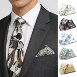 Riolio  Men's Floral Cotton Tie Pocket Handkerchief Set White Blue Woven Necktie Flower Leaves Pattern Wedding Party Accessories Gifts