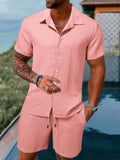 Riolio Spring And Summer New Sports Men's Polo Casual Solid Color Loose Short-sleeved Drawstring Shorts Cardigan Striped Sports Suit