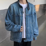 Riolio New High Street Men's Zip-up Denim Jackets Casual Washed Streetwear Stand Collar Texture Korean Harajuku Retro Long Sleeve Coats