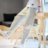 Riolio  New Summer Korean Edition Handsome and Fashionable High Waist Pocket Striped Print Loose Oversized Strap Casual Pants