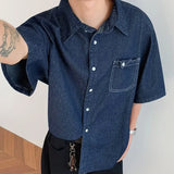Riolio  Dark Blue Denim Shirt Men and Women Japanese Vintage City Boy Oversized Loose Casual Summer Lapel Buttons Shirt Top