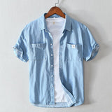 Casual Denim Shirt for Men Summer Short Sleeve Turn-down Collar Jean Tops Male Pure Cotton Cowboy Vintage Korean Clothes