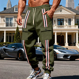 Riolio  Men's Striped Side Cargo Joggers Loose Fit Drawstring Fleece Sweatpants With Multi Pockets Casual Sports Trousers