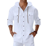 Riolio  Men's Linen Hooded Shirt Casual Solid Color Long Sleeve Beach Button Tops