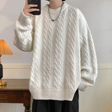 Riolio Solid Colour Ribbed Twist Pattern Round Neck Pullover Sweater Men Women Autumn Winter Couple Loose Knitted Woolen Top Warm Soft