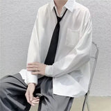 Riolio White Solid Shirts With Tie Men's Oversize Long Sleeve Casual Cardigan Fashion Spring Autumn Blouses Unisex Daily All-match Tops