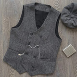 Riolio V Neck Men's  Suit Vests Herringbone Wool Tweed Double Breasted Waistcoat Tuxedo Groomsmen For  Wedding