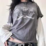 Riolio Y2K Grunge Emo Vintage T-shirt 2000s Cross Cyber Goth Patchwork Long Sleeve Tees E-girl Gothic Harajuku Loose Tops Women Men