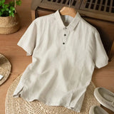 Riolio  Summer Solid Color Linen Short-sleeved Shirt Men's Light and Breathable Simple Thin Retro Casual Top