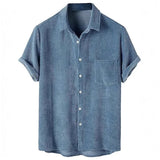 Riolio  Vintage Button-up Turn-down Collar Mens Shirt Spring Summer Fashion Solid Color Corduroy Shirts Casual Men Short Sleeve Tops