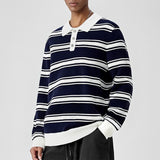 Riolio New American Trendy Men Polo Neck Sweater Light Luxury Striped Knit Long Sleeve Pullover Tops High Quality Loose Knitwear M-3XL